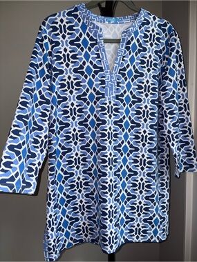 J. McLaughlin Catalina Cloth Tunic Size Large Blue White Geometric Top Coastal